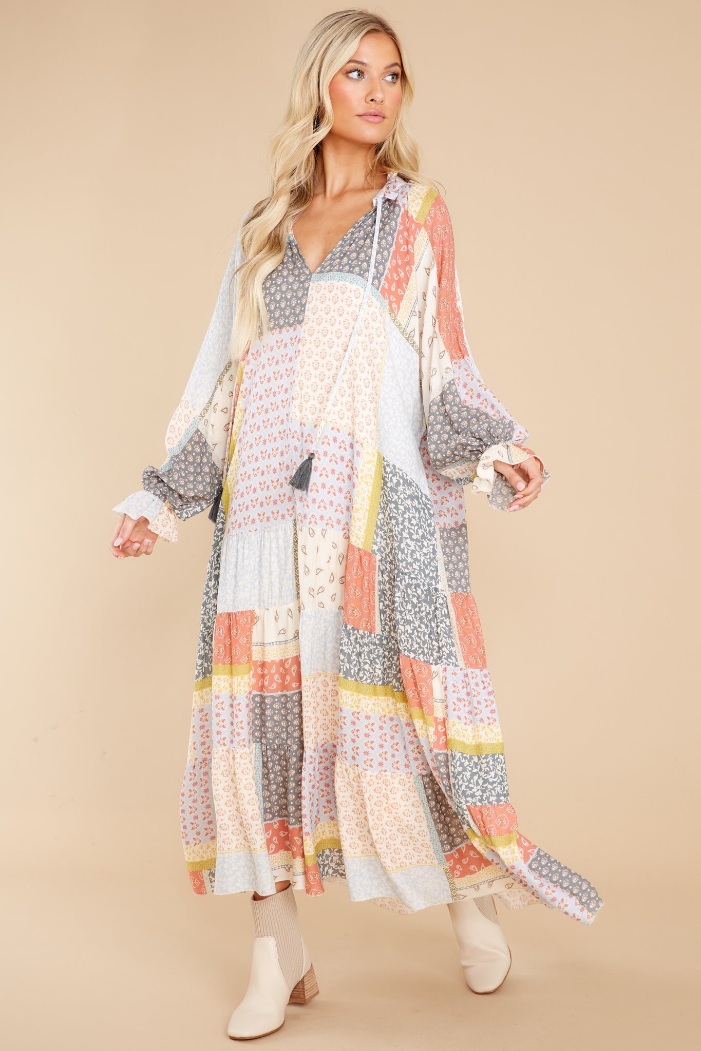 Patchwork Pleasure Light Blue Multi Maxi Dress