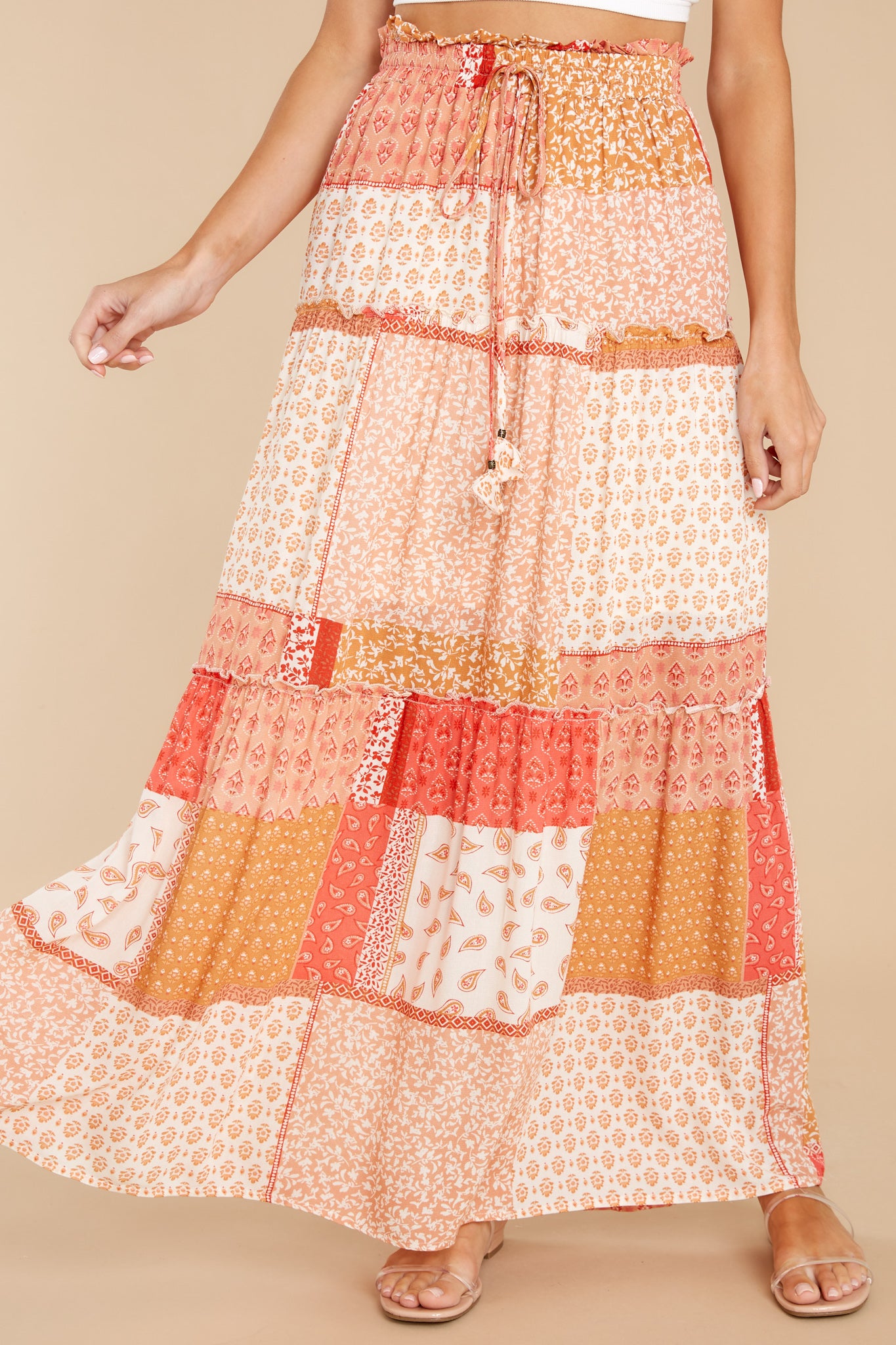 Peaceful Paradise Coral Multi Print Maxi Skirt