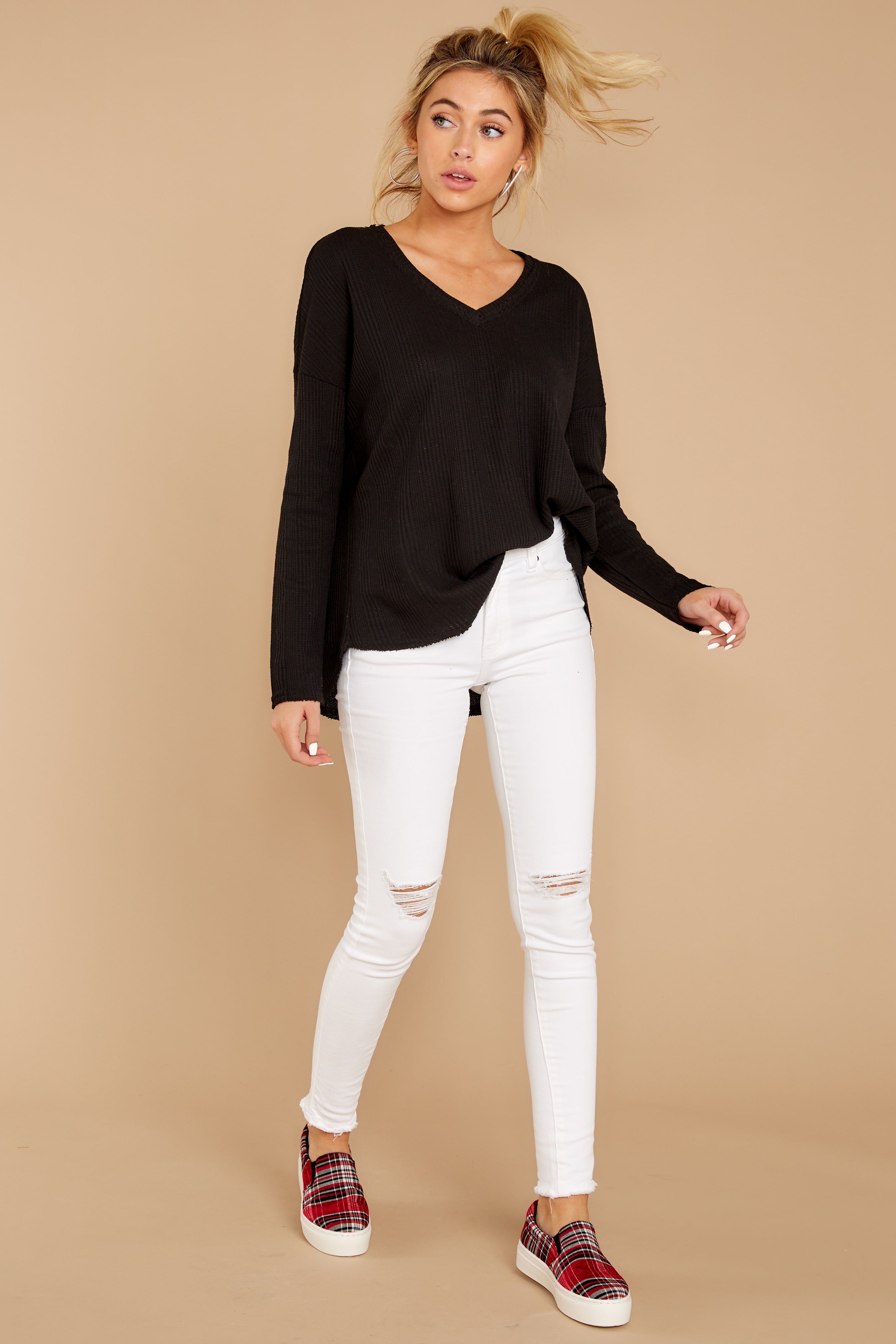 Pep Talks Black Waffle Knit Top