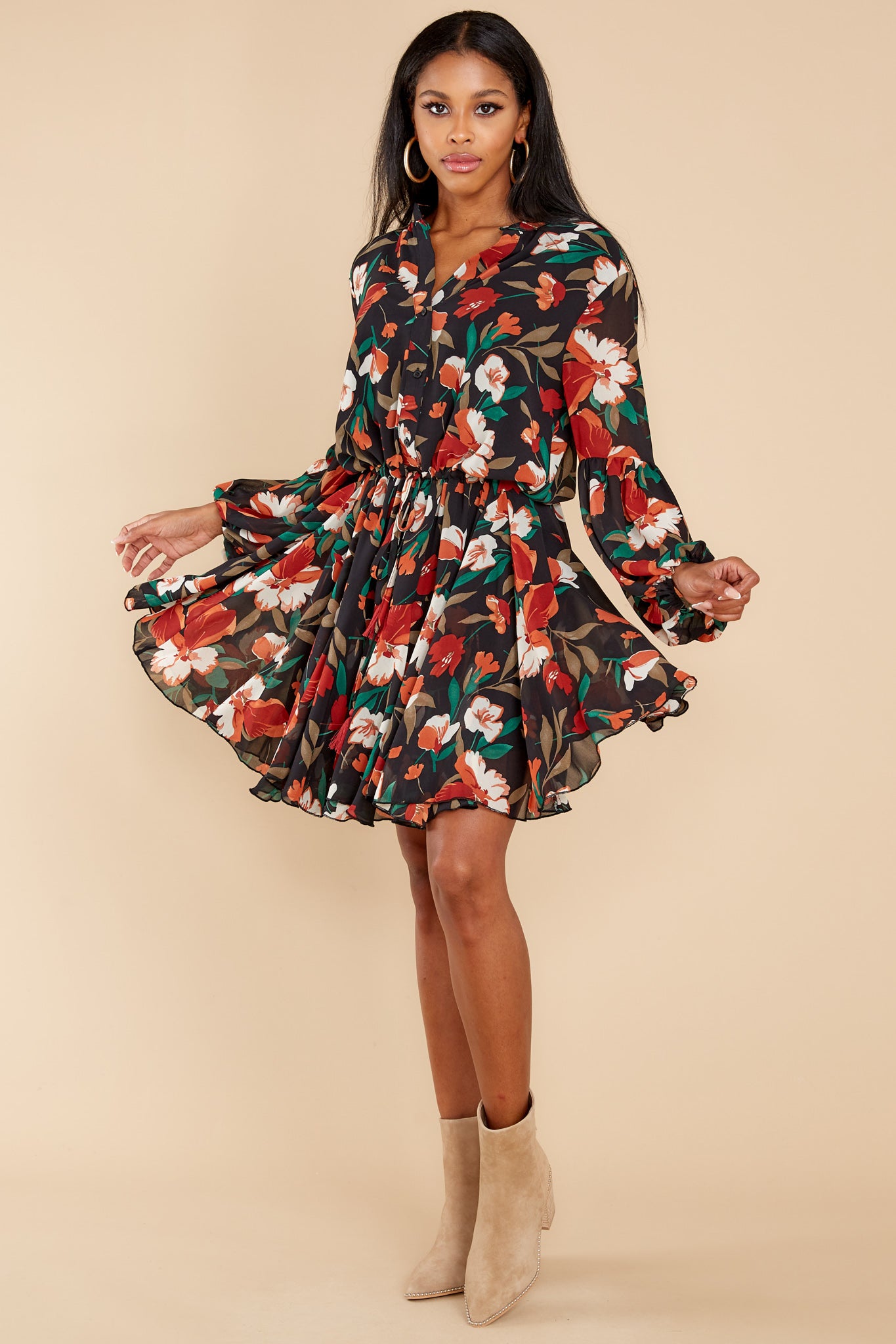 Petal Down Black And Rust Floral Print Dress