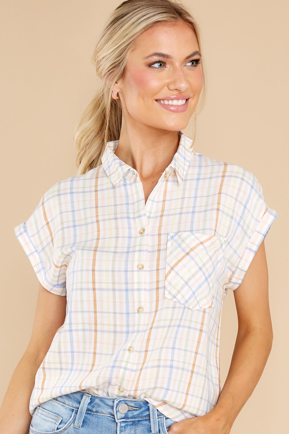 Plain And Sweet White Multi Plaid Top