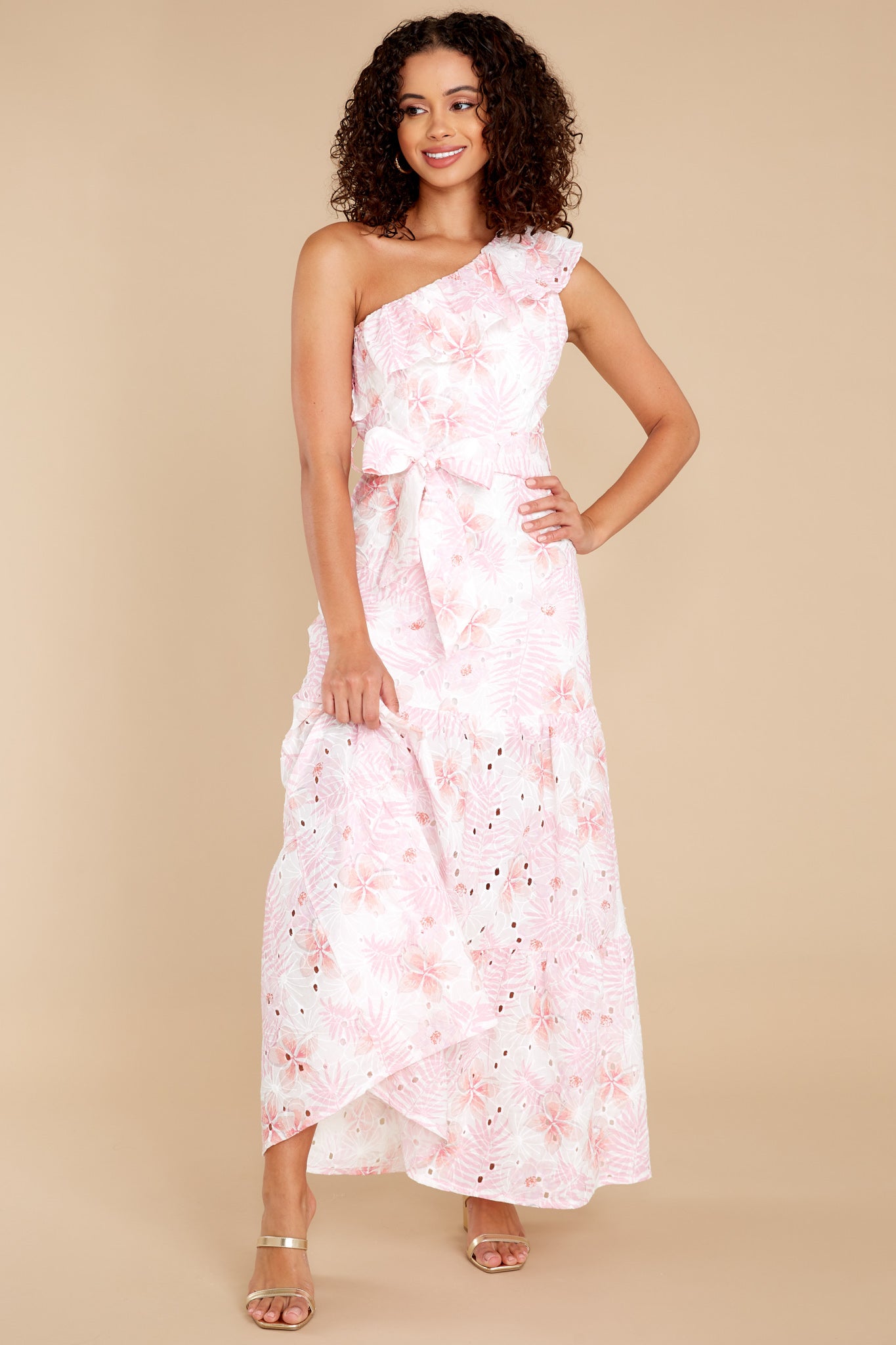 Plumeria Palms Pink Eyelet Maxi Dress