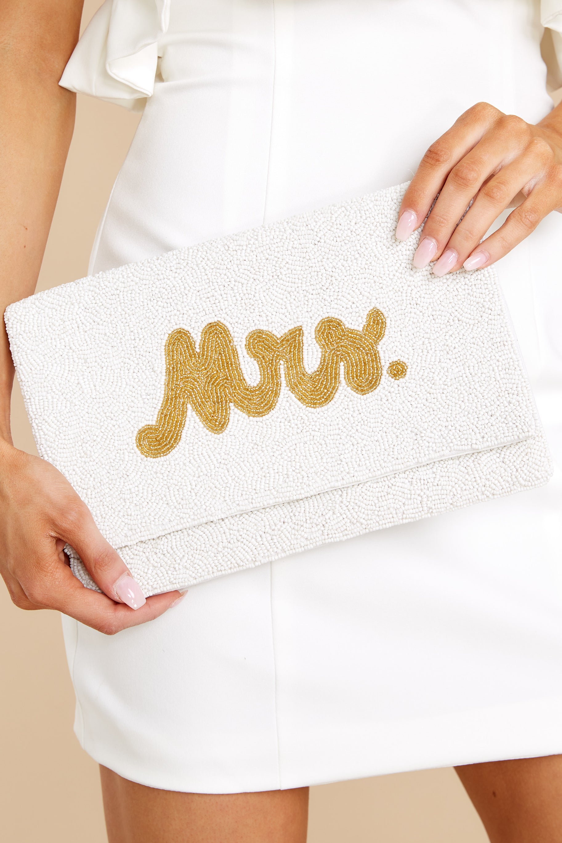 Pop The Champagne White And Gold Beaded Clutch