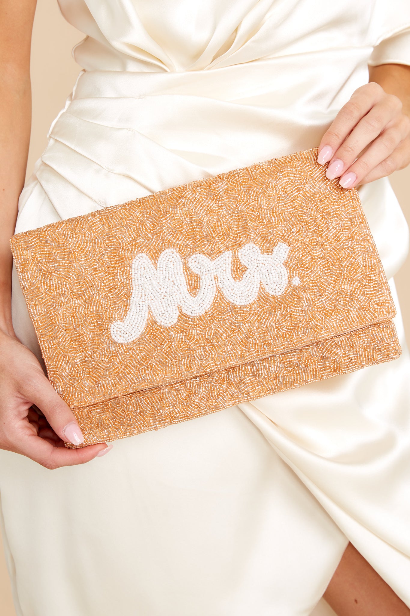 Pop The Champagne White And Rose Gold Beaded Clutch