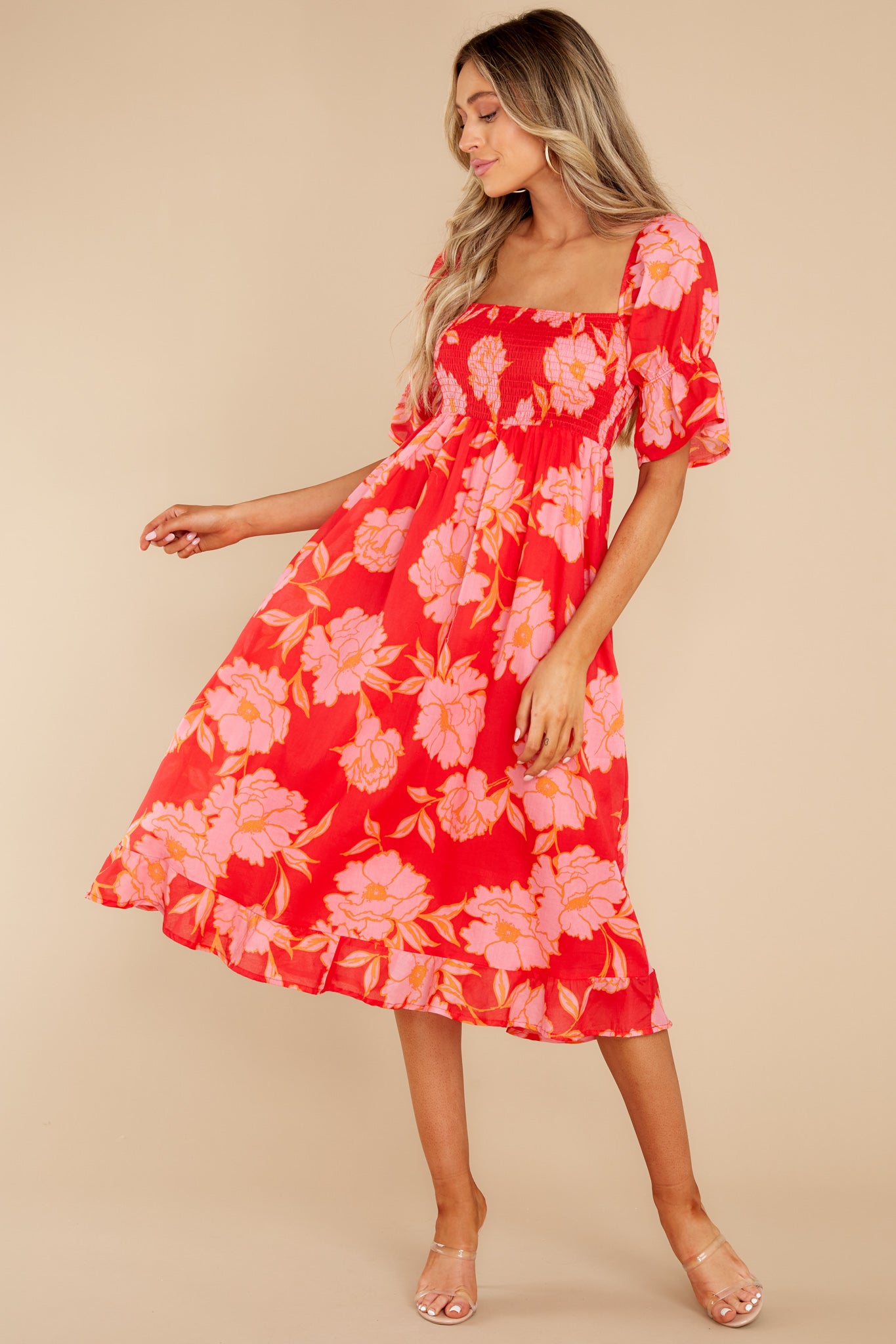 Pretty In Paradise Red Floral Print Midi Dress