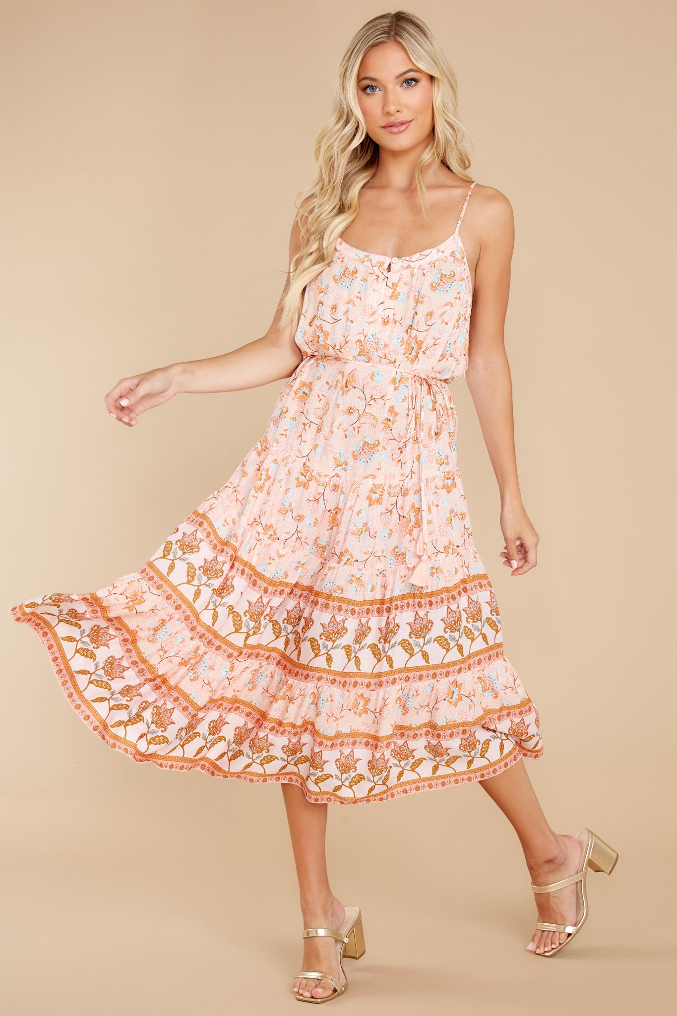 Promise One Thing Coral Multi Print Midi Dress