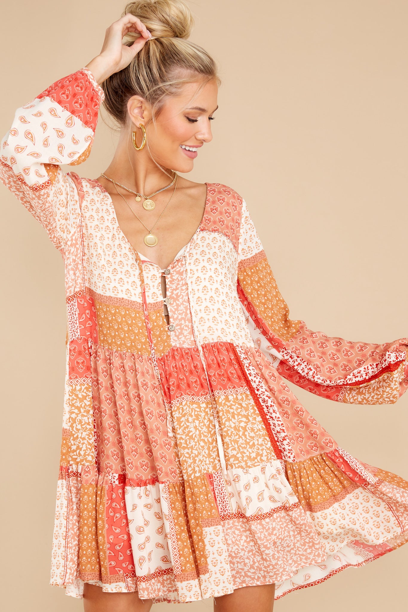 Quilted Promises Coral Multi Print Dress