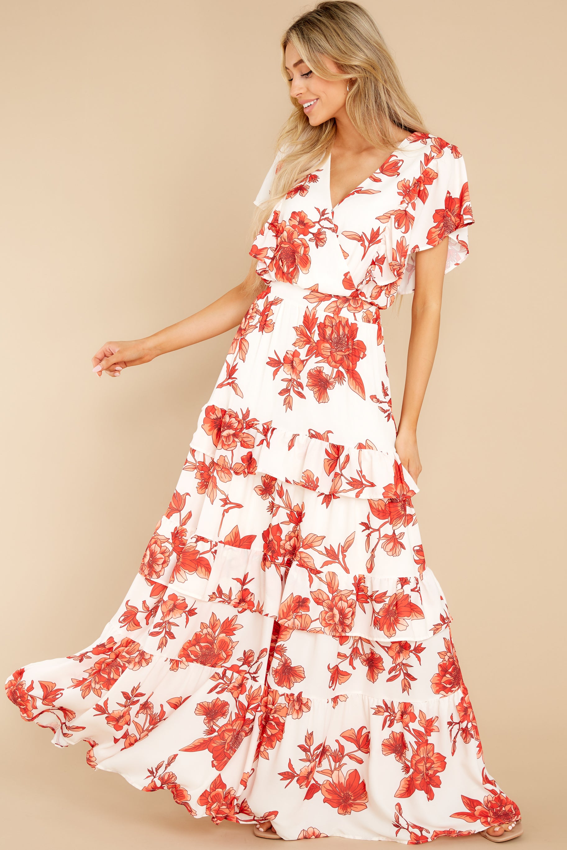 Radiating Confidence Orange And Ivory Floral Print Maxi Dress