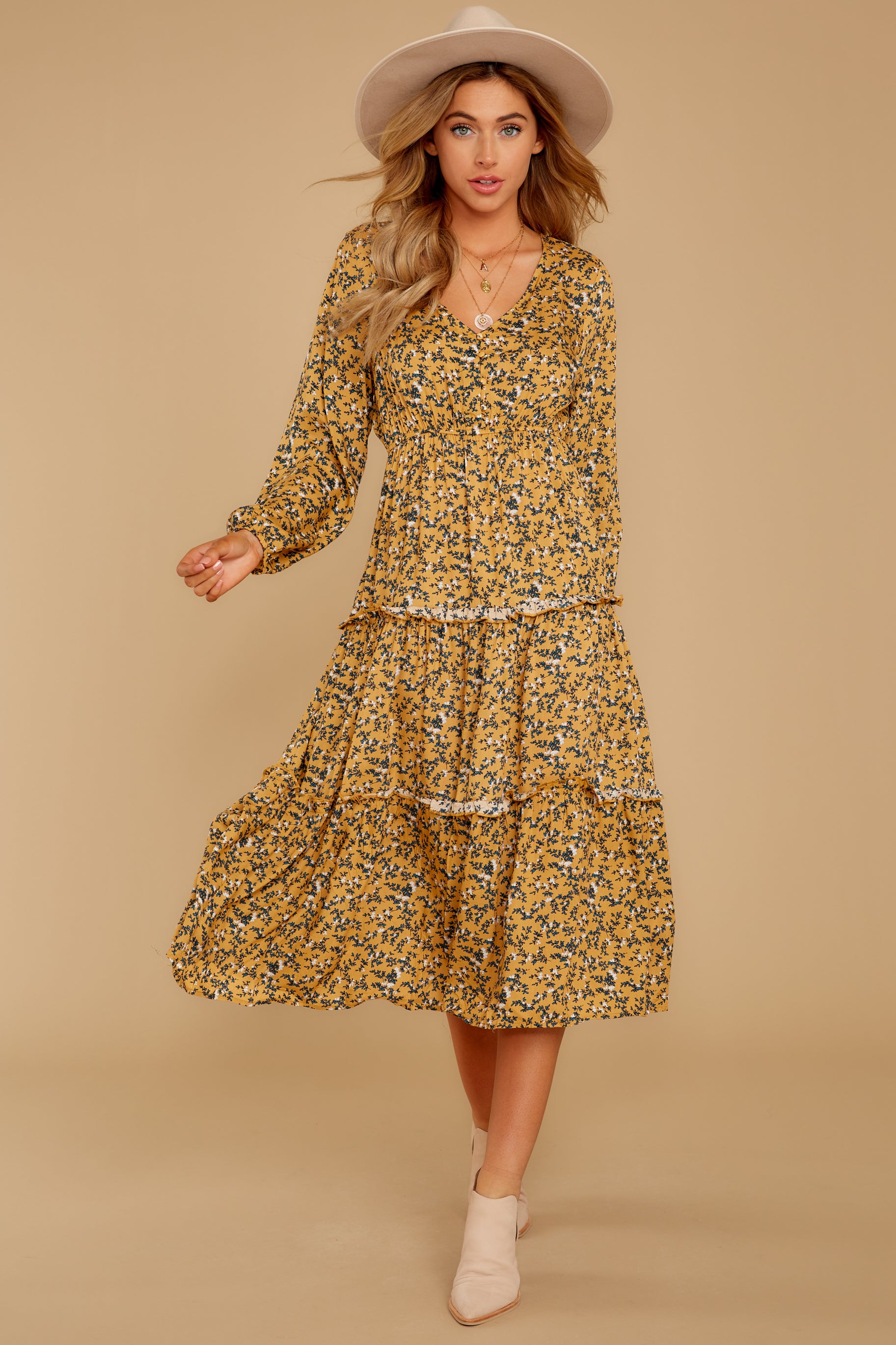 Rare Heart Yellow Floral Print Midi Dress