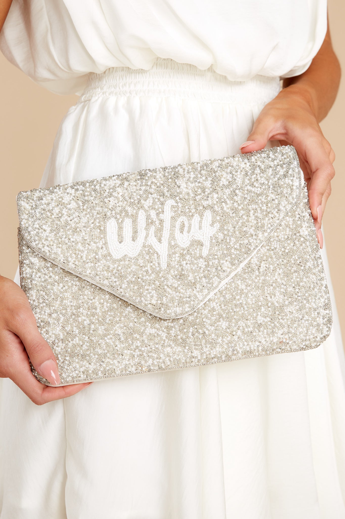 Ready For A Kiss White And Silver Beaded Clutch