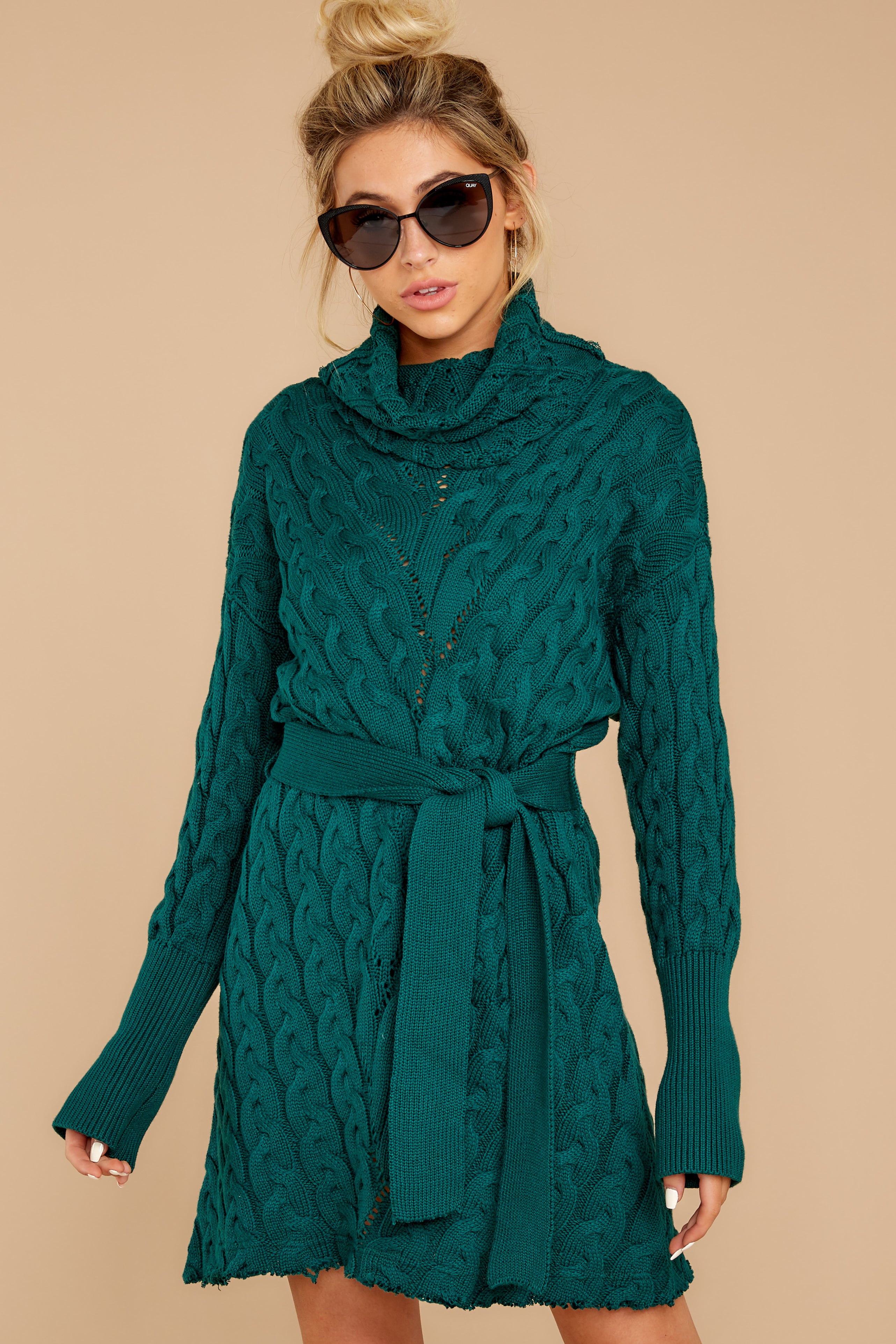 Ready Willing And Cable Knit Teal Green Sweater Dress