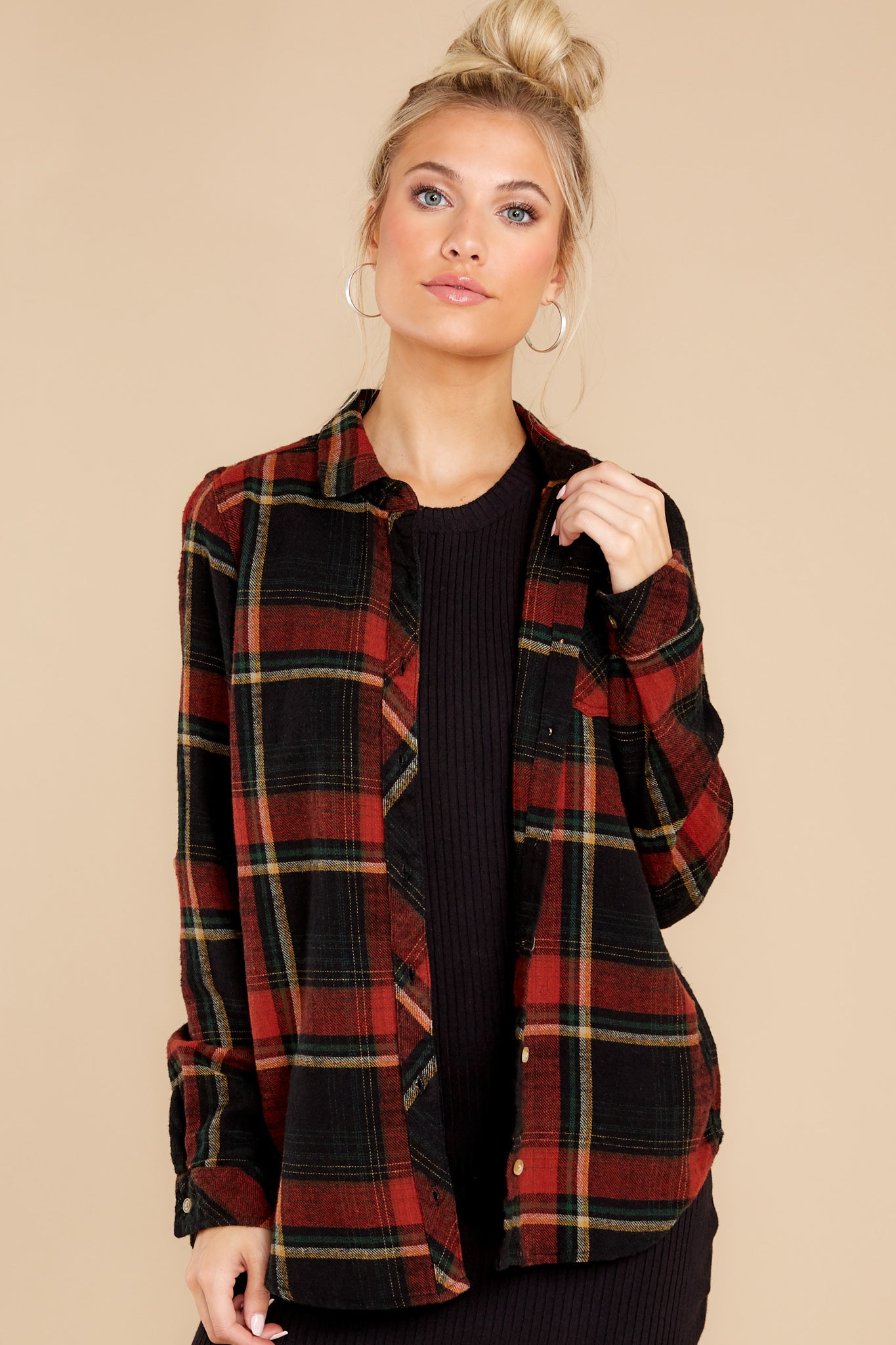 Red Rock Black And Rust Plaid Top