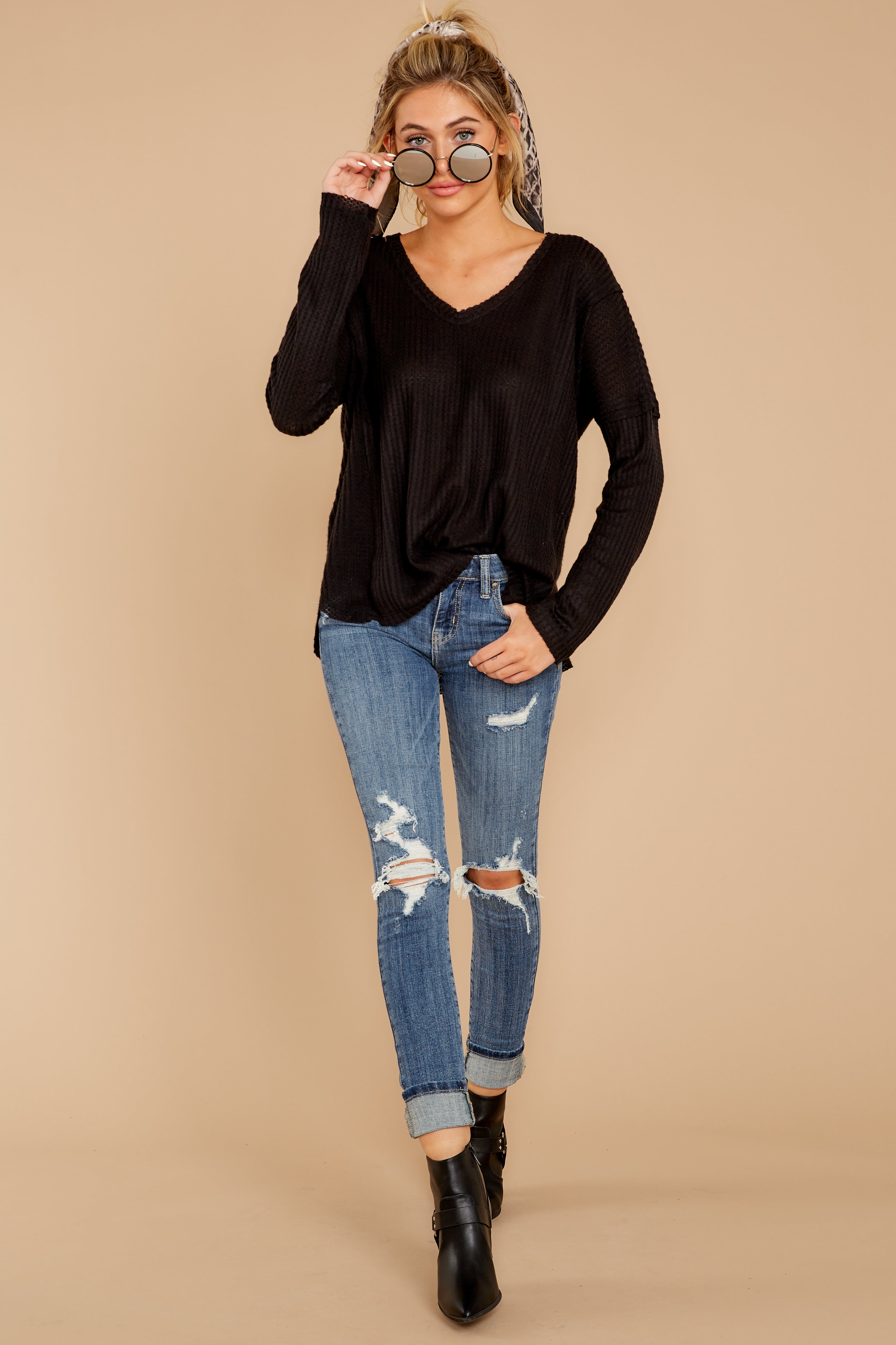 Resounding Success Black Waffle Knit Top