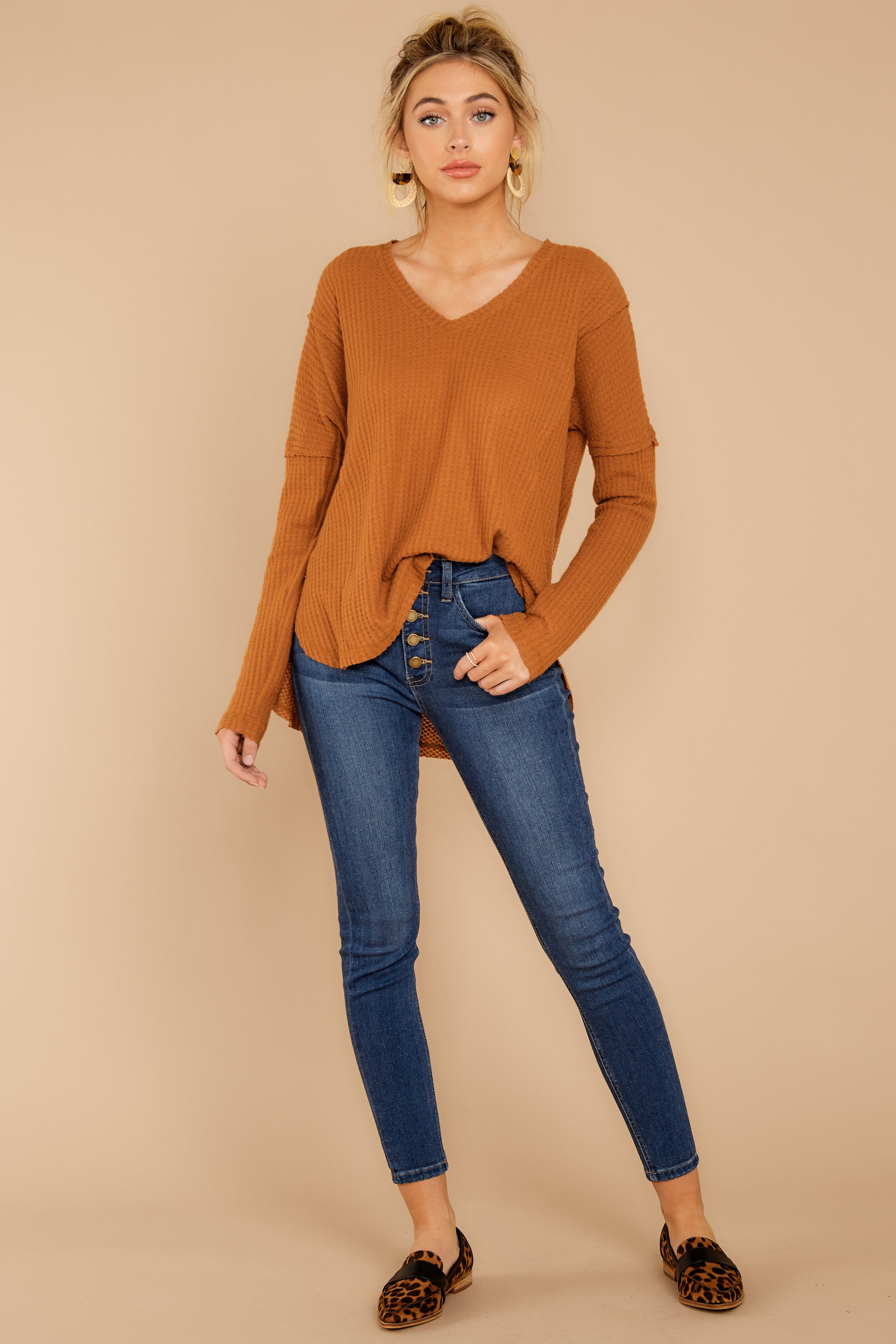 Resounding Success Caramel Waffle Knit Top