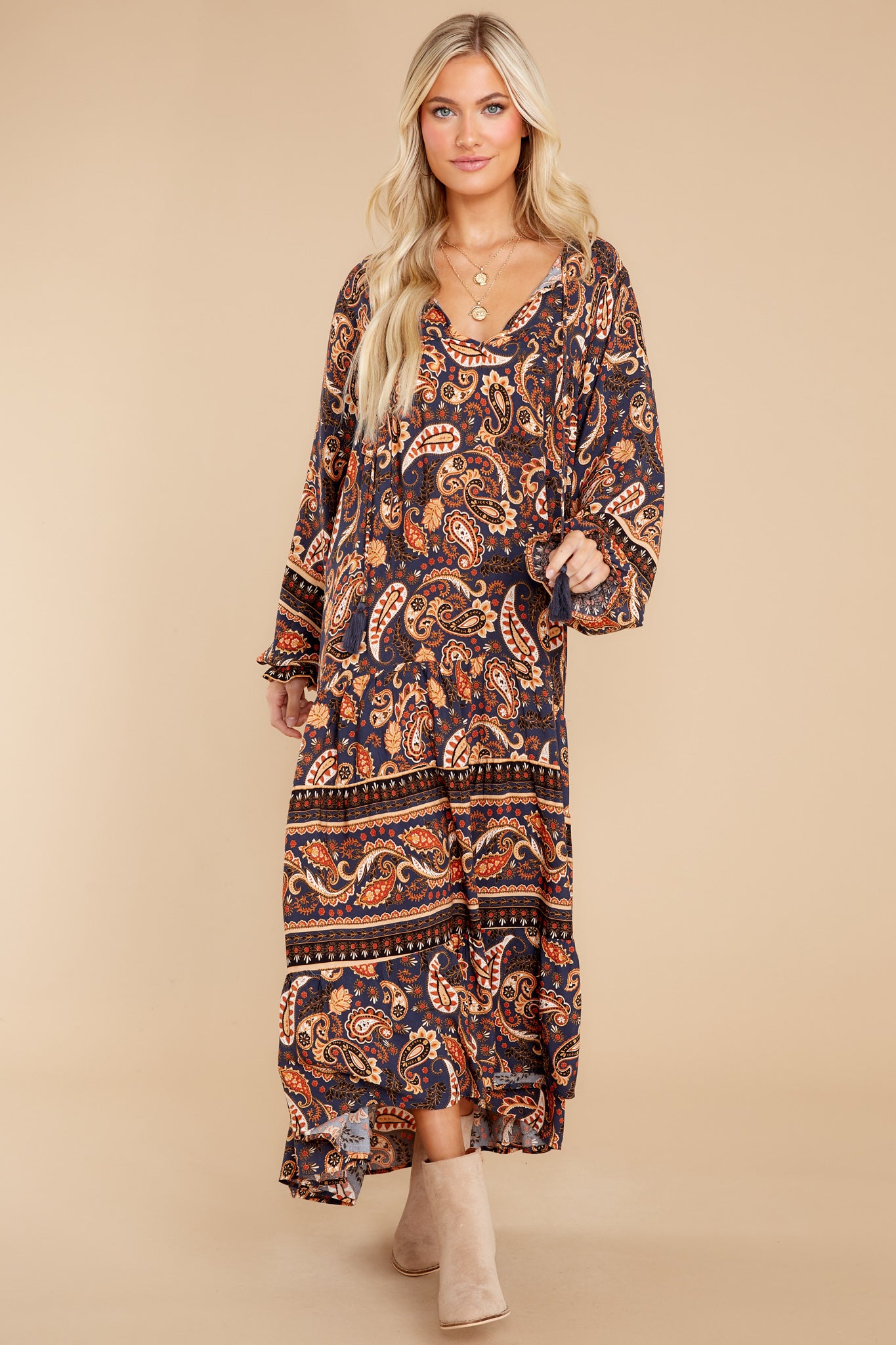 Rhythmic Precision Indigo And Rust Print Maxi Dress