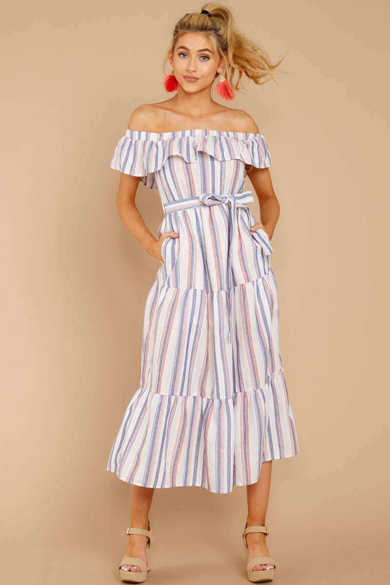 Right By My Side Pink And Blue Stripe Midi Dress