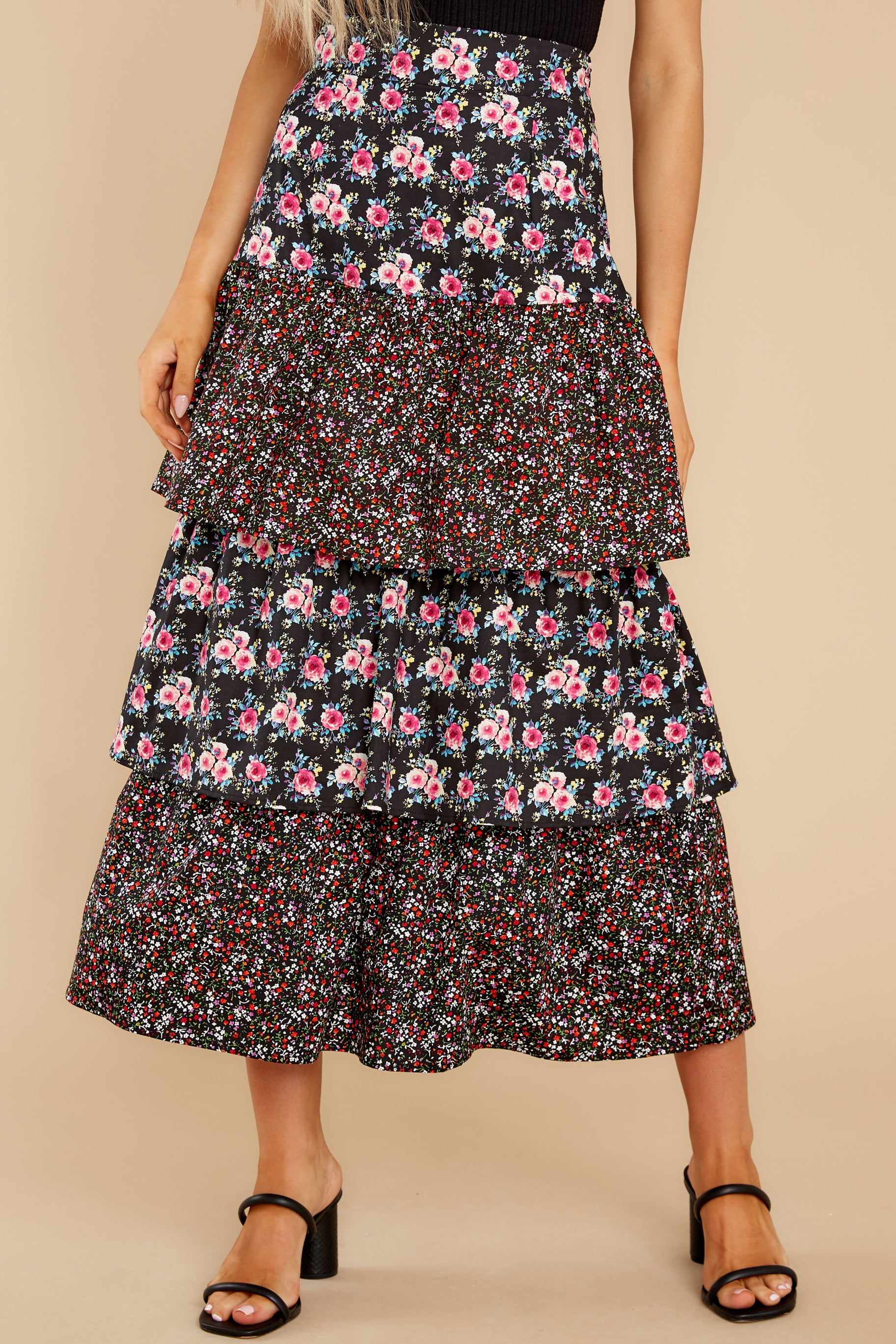 Right On Time Black Floral Print Maxi Skirt