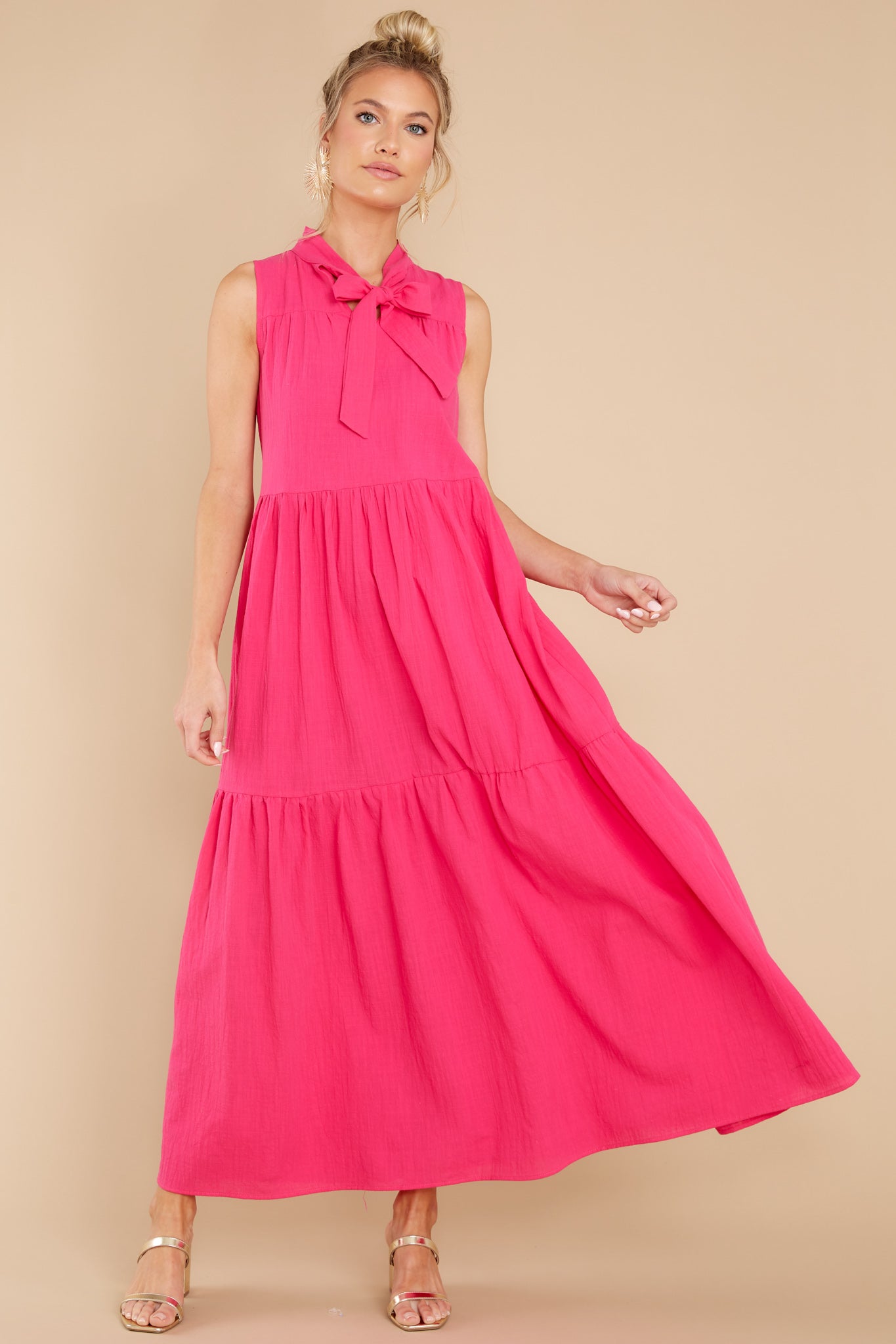 Rush Of Romance Fuchsia Tie Collar Maxi Dress