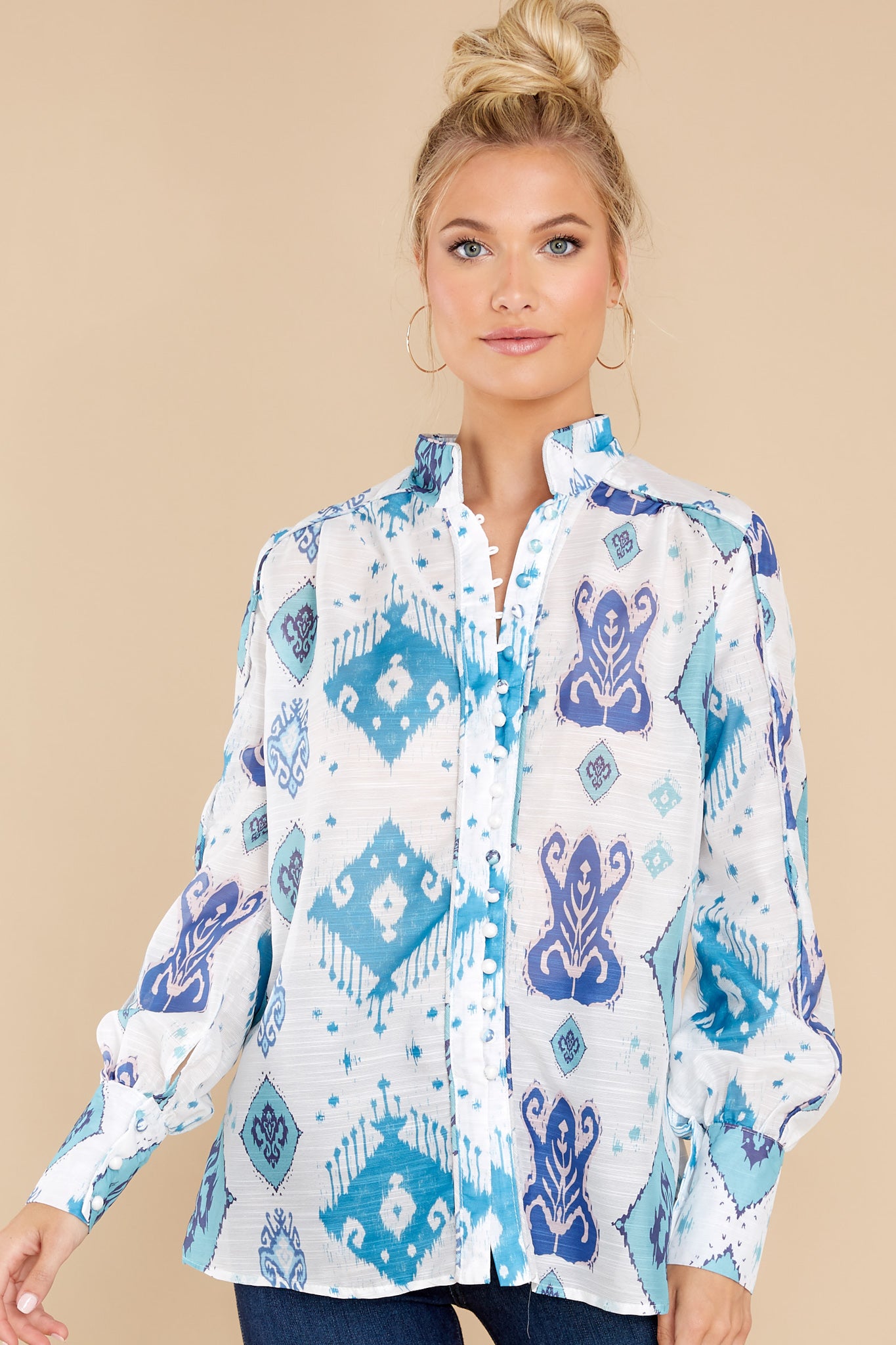 Santorini Sights White And Teal Print Top