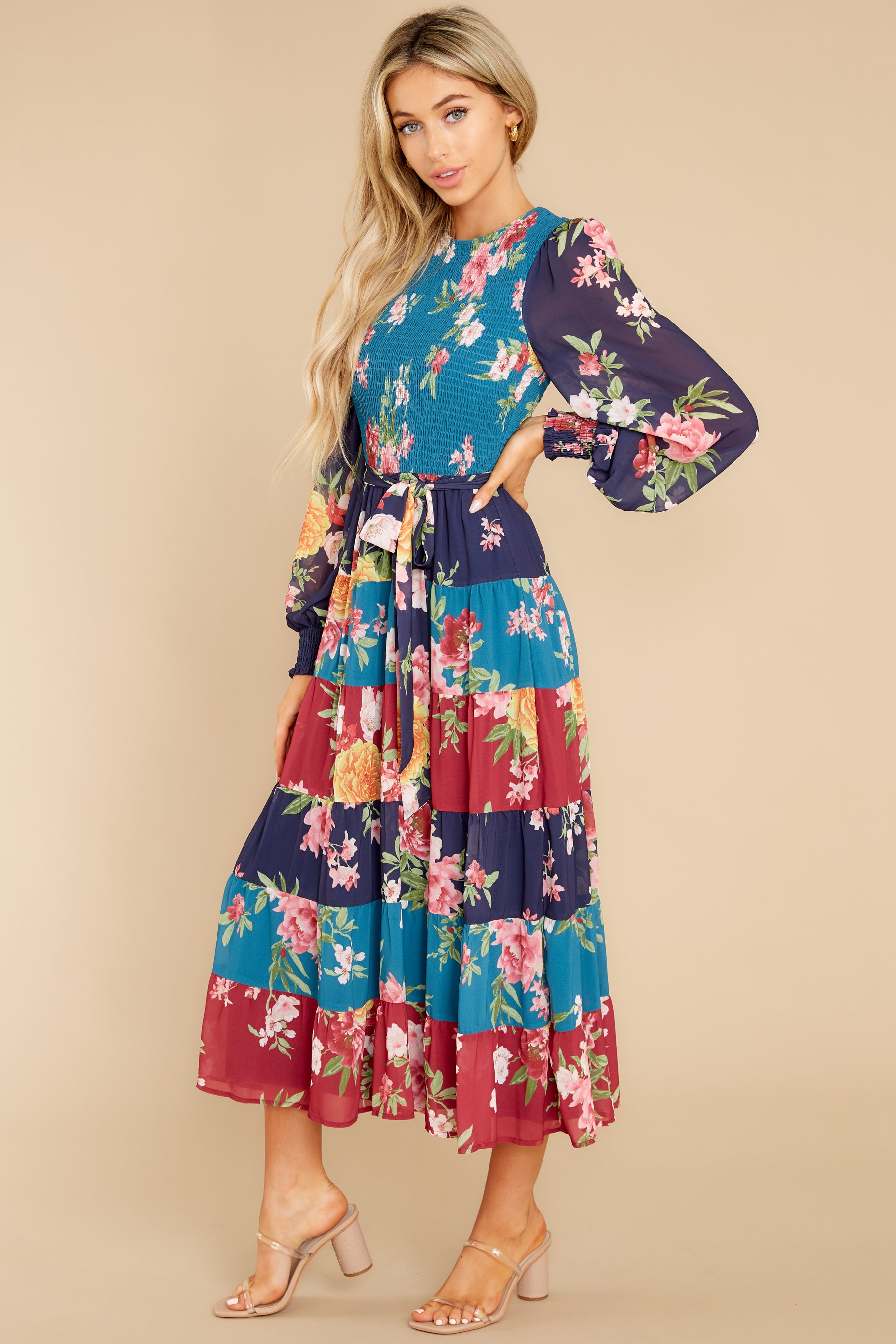 Save The Date Teal And Navy Floral Print Maxi Dress