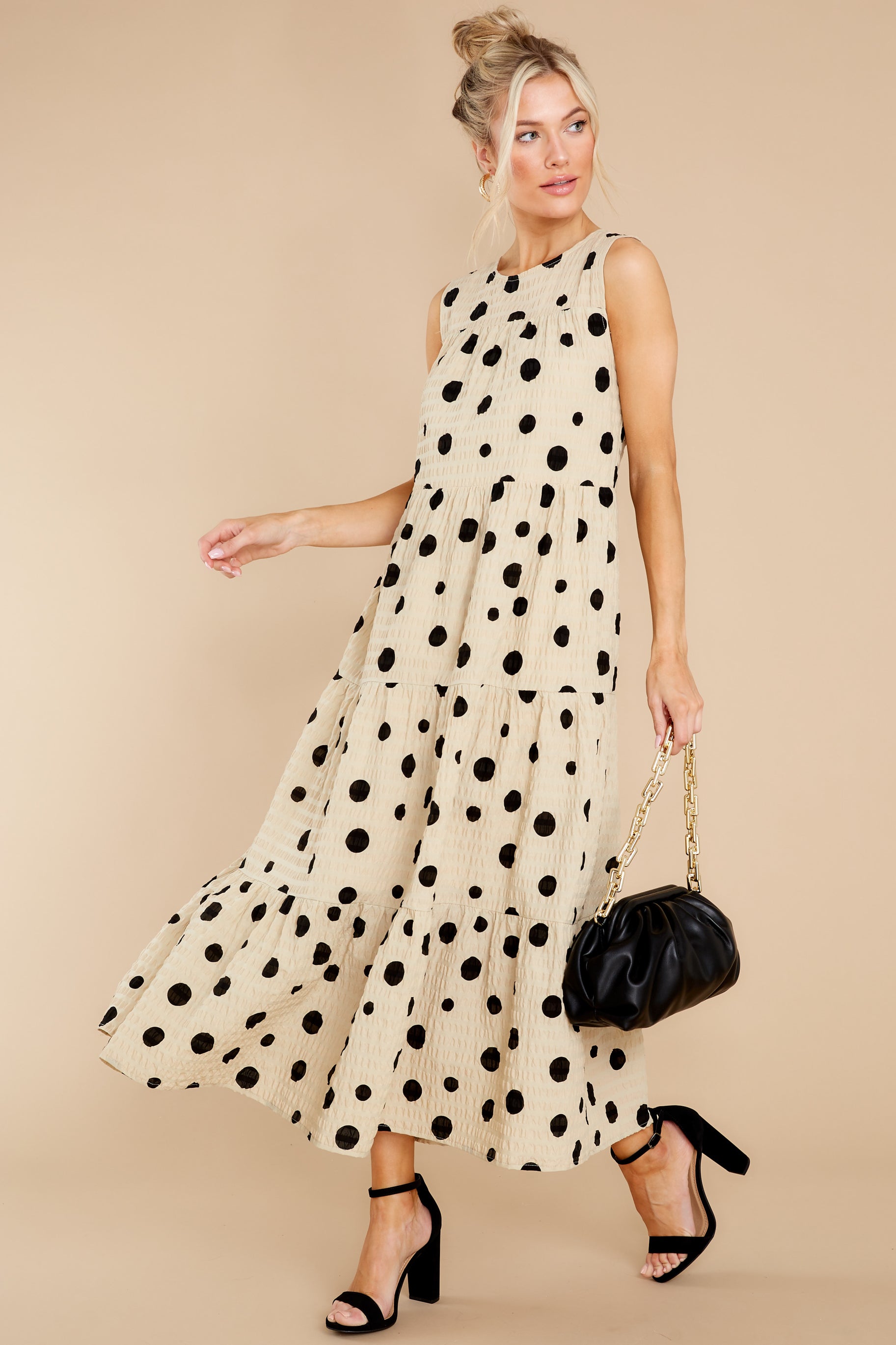 See You Go Khaki And Black Polka Dot Maxi Dress